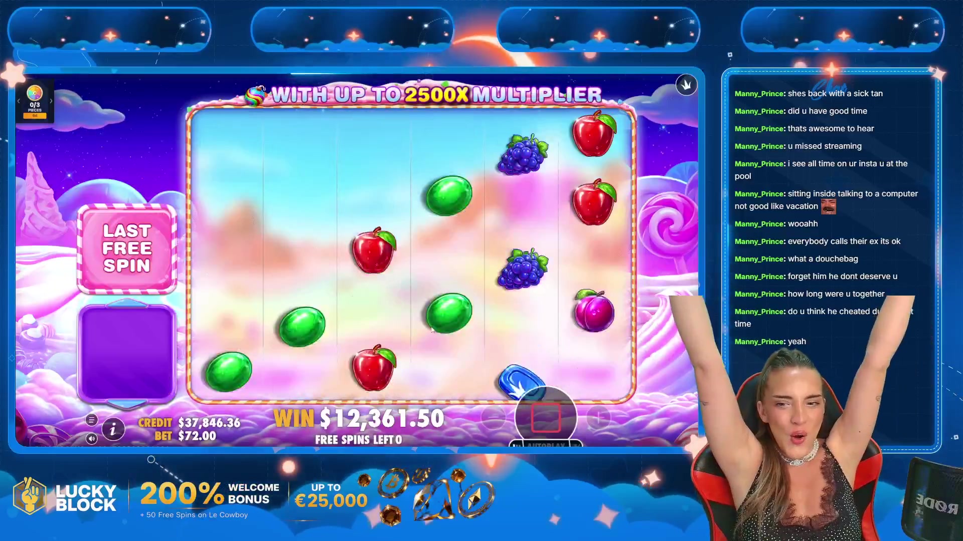 Sweet Bonanza 2500: $12,361.50 win (171.74x)
