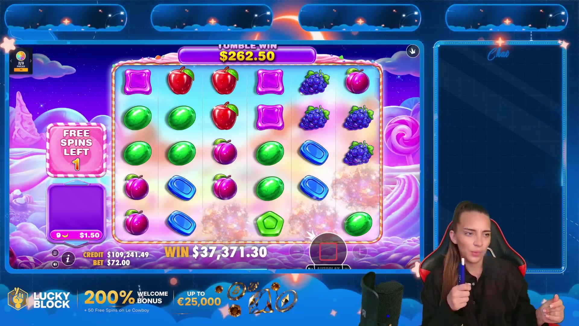 Sweet Bonanza 2500: $37,580.10 win (521.78x)