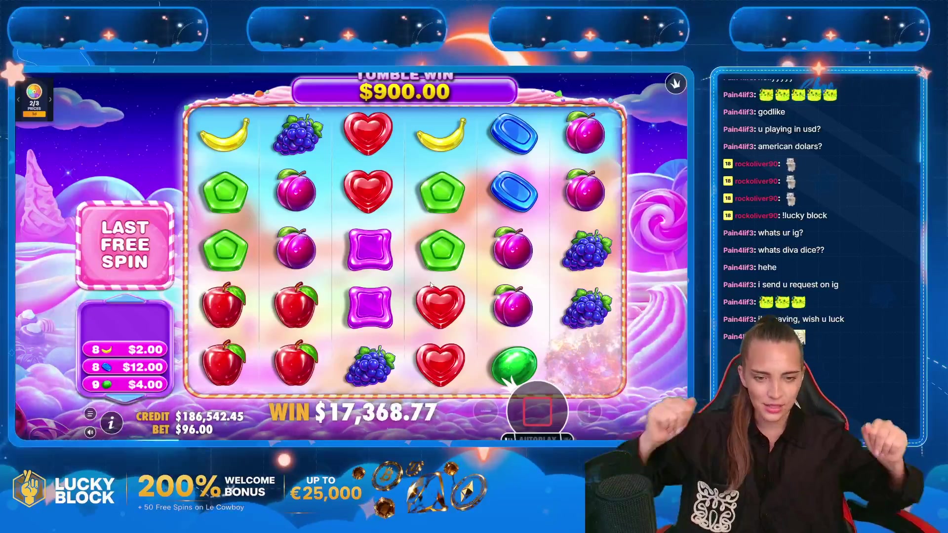 Sweet Bonanza 2500: $18,127.60 win (188.8x)