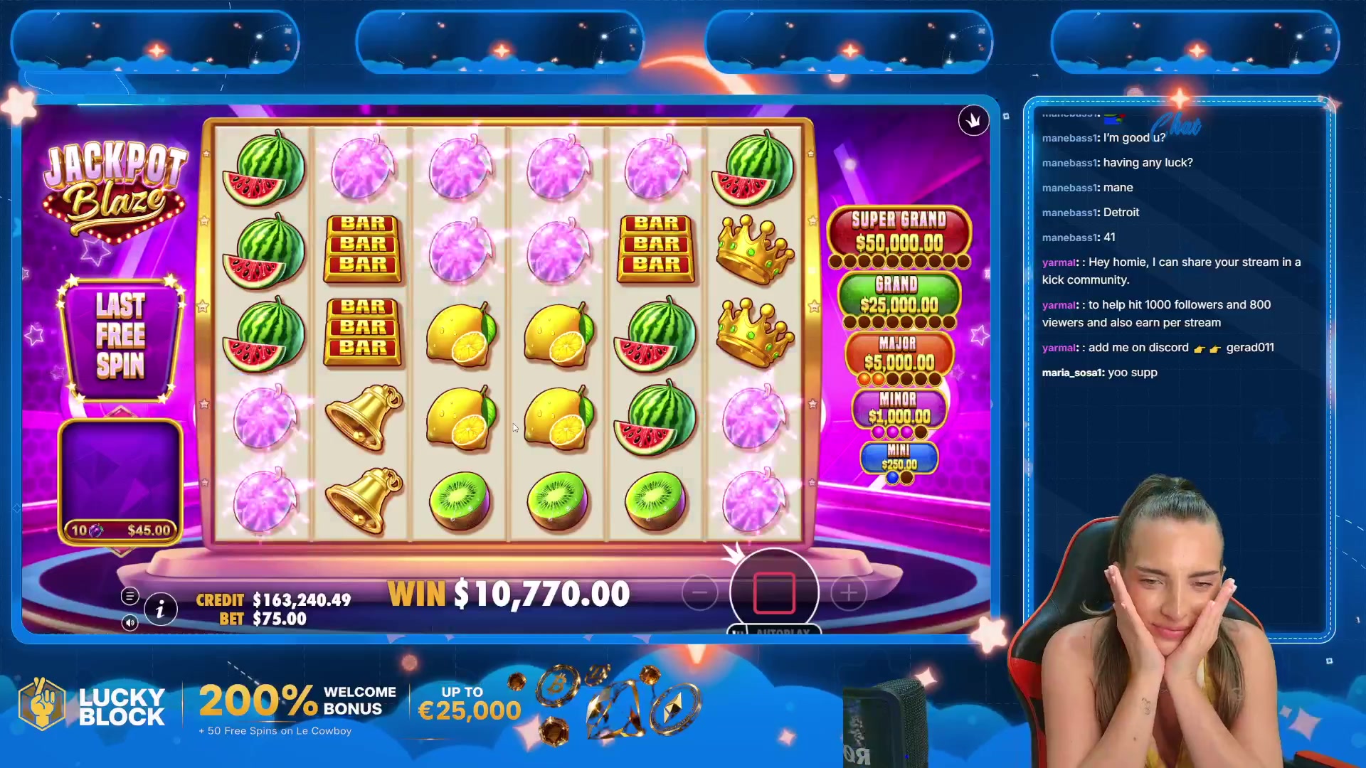 Jackpot Blaze: $10,810.00 win (144.11x)