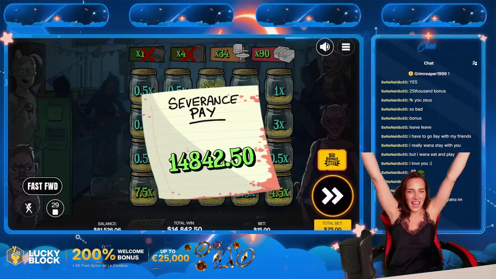 Office Party: $14,842.50 win (197.89x)