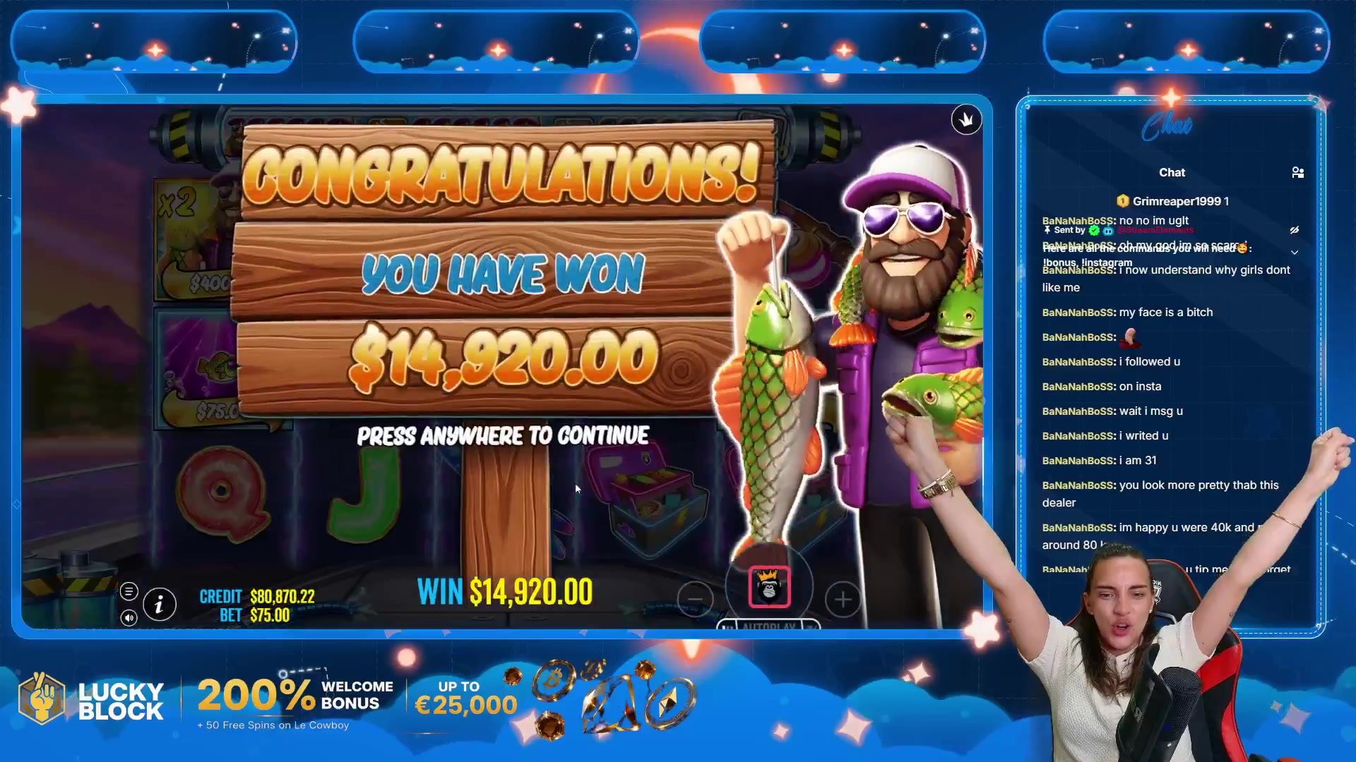 Big Bass Blast: $14,920.00 win (198.97x)