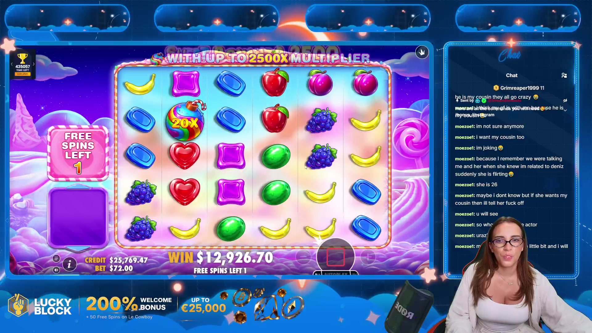 Sweet Bonanza 2500: $12,926.70 win (179.52x)