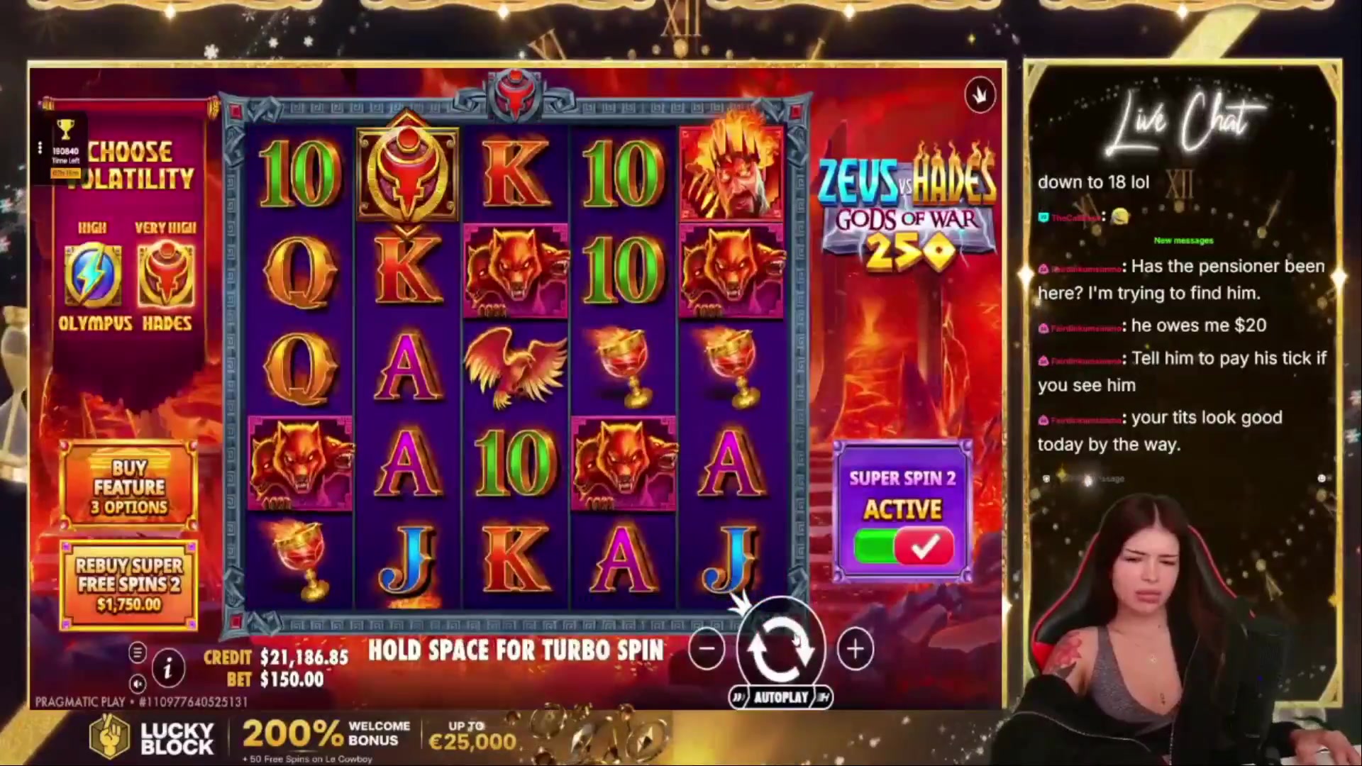 Zeus vs Hades - Gods of War 250: $2,493.48 win (7.12x)