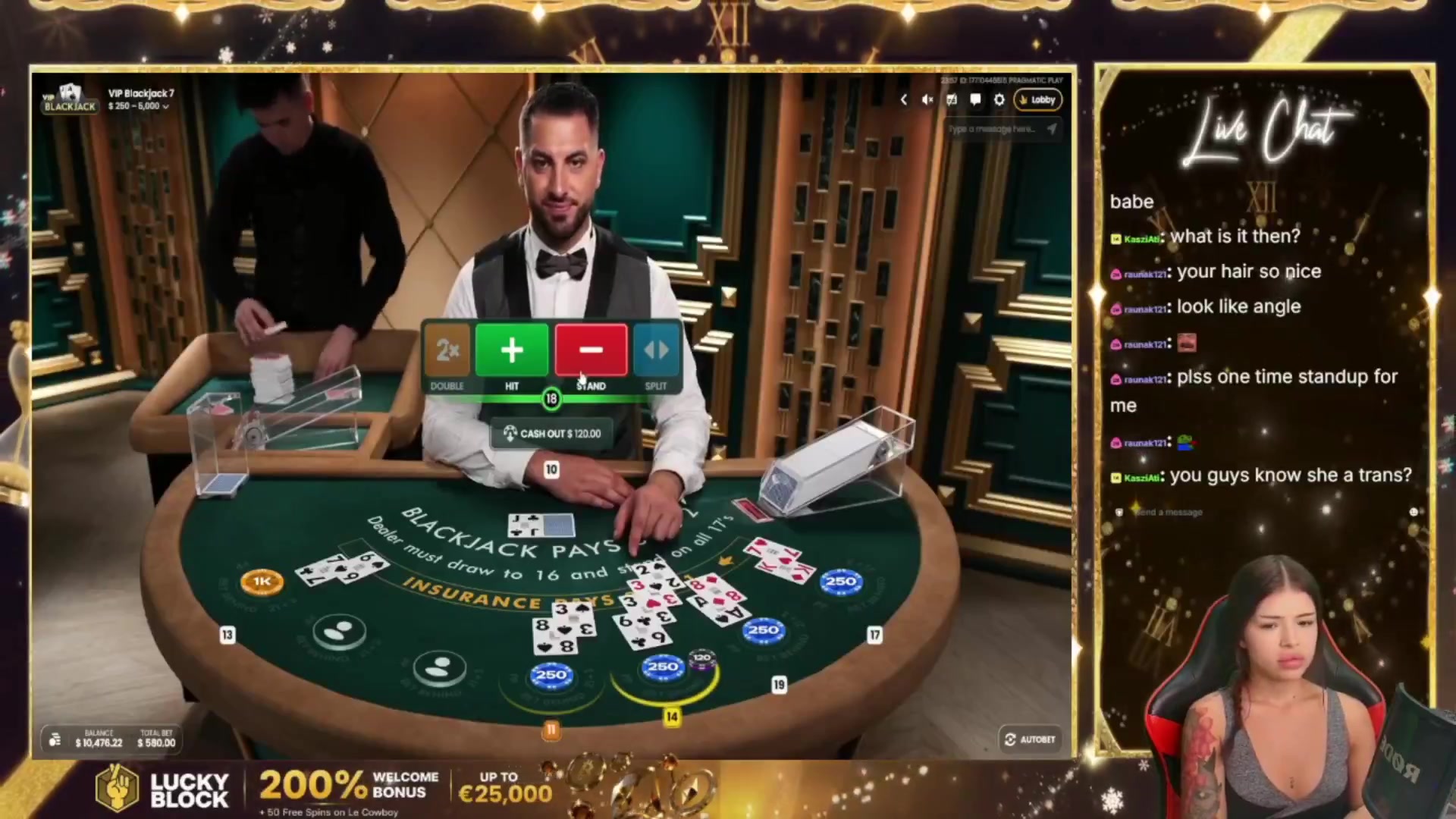 VIP Blackjack 7: $1,620.00 win (6.48x)