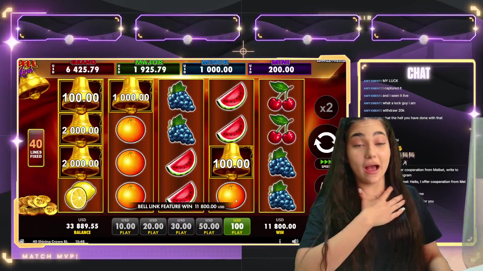 40 Shining Crown Bell Link: $11,800.00 win (118.01x)