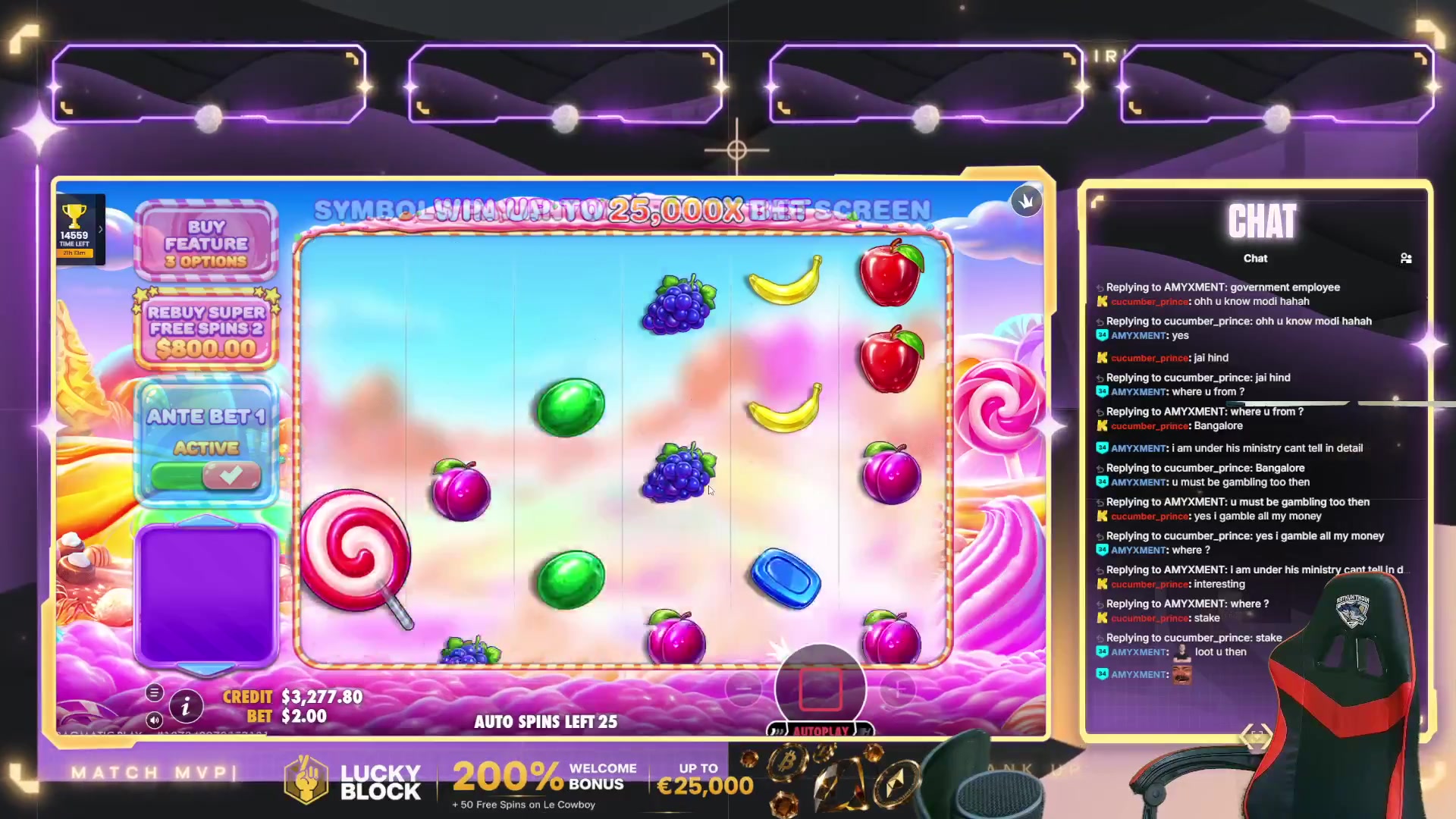 Sweet Bonanza 2500: $10,240.00 win (25.6x)