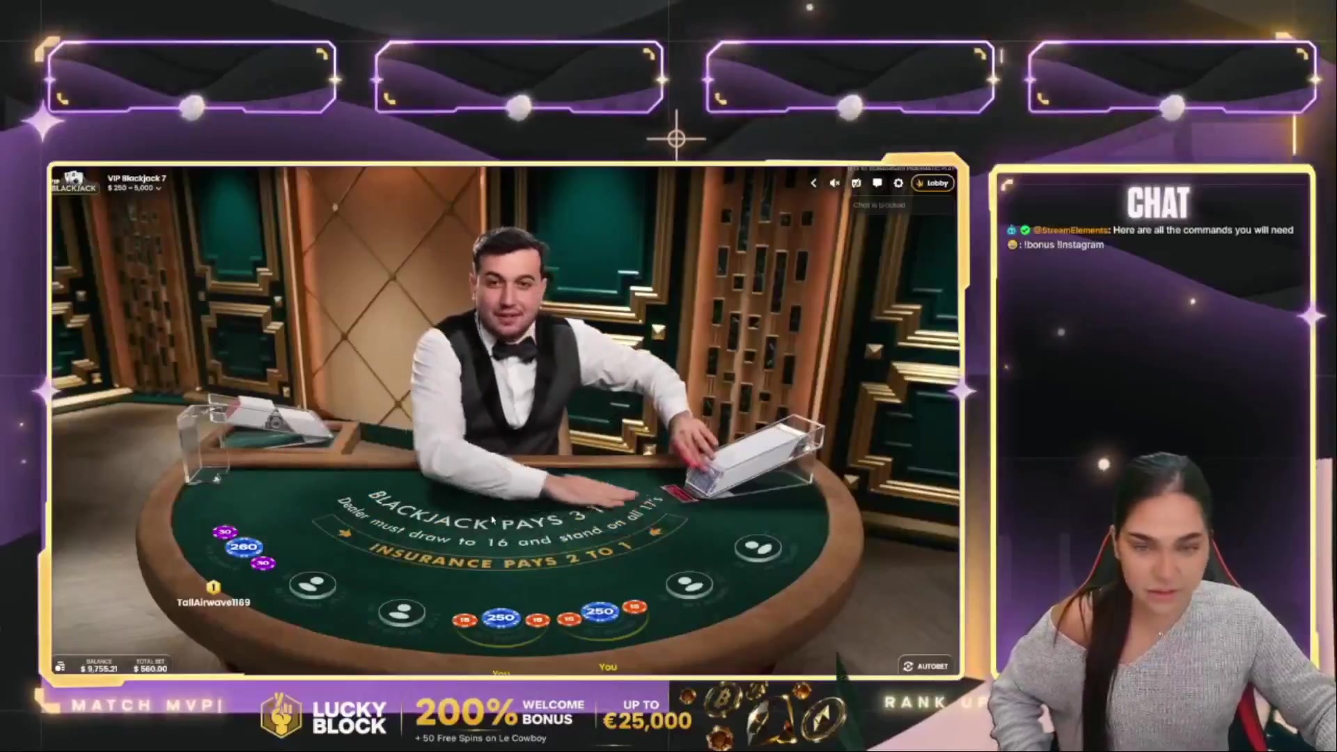 VIP Blackjack 7: $1,890.00 win (7.56x)