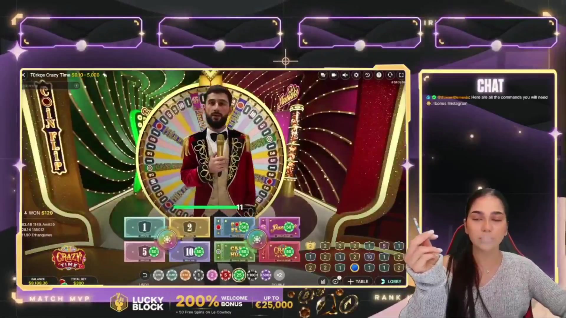 Crazy Time: $10,050.00 win (33.51x)