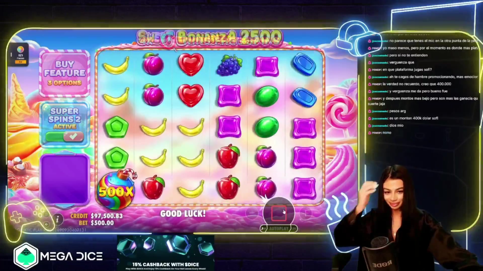 Sweet Bonanza 2500: $11,300.00 win (22.6x)