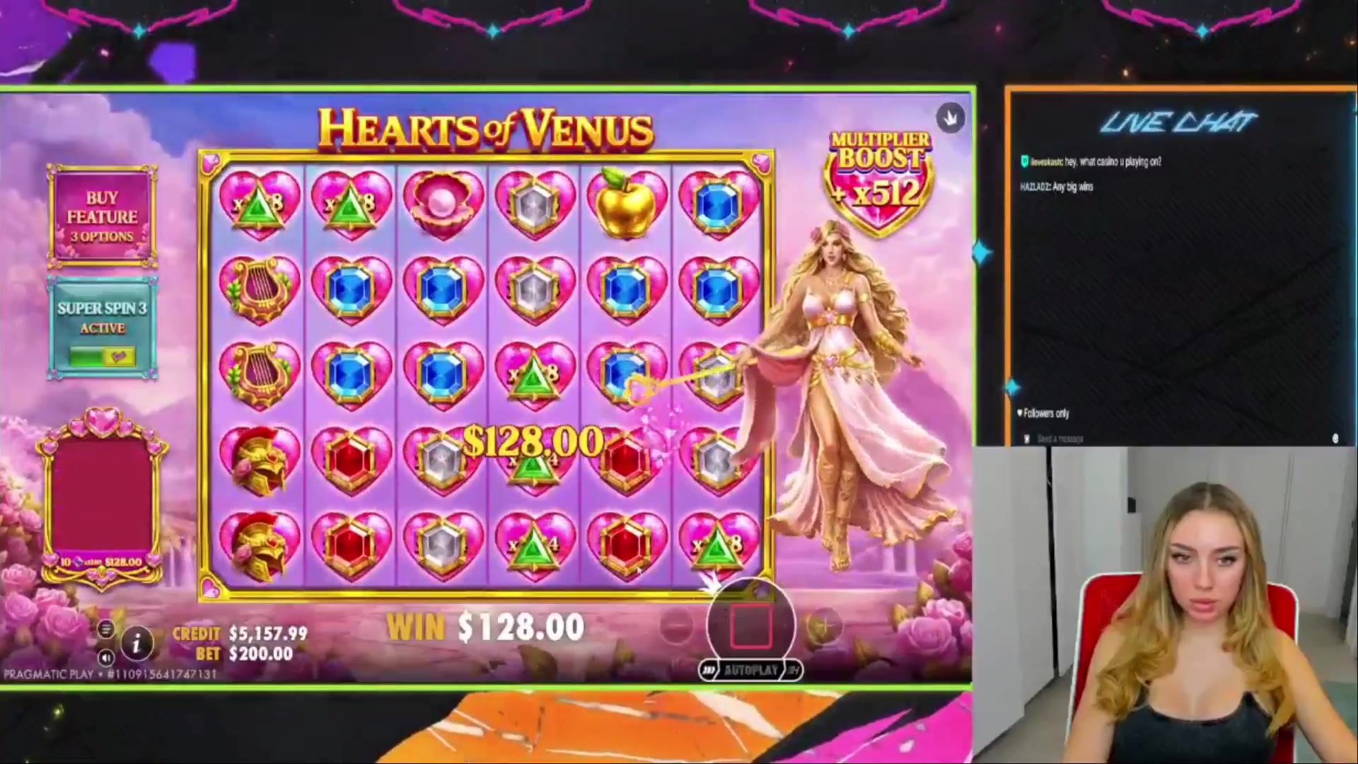 Hearts of Venus: $3,366.40 win (16.83x)
