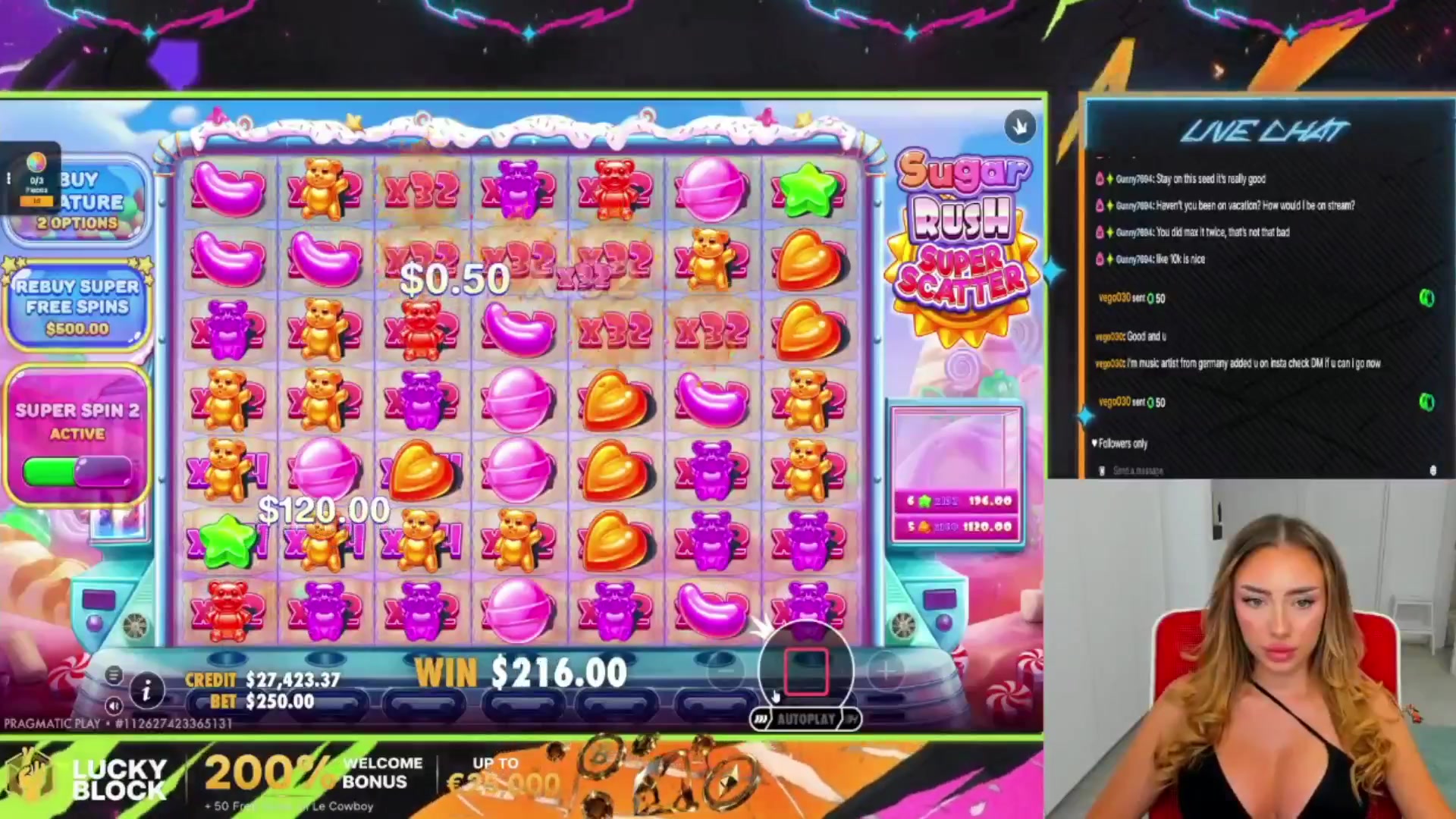 Sugar Rush Super Scatter: $2,112.00 win (8.45x)