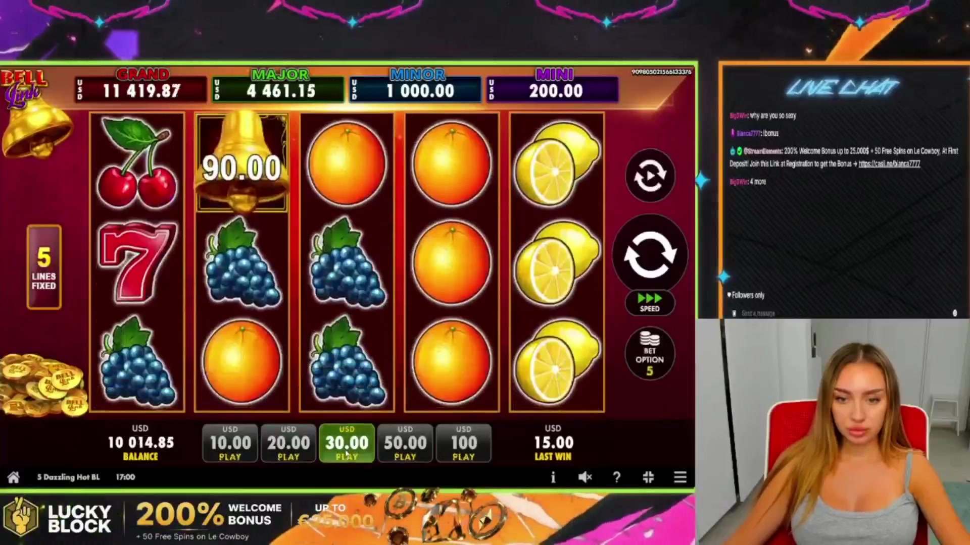 5 Dazzling Hot Bell Link: $600.00 win (20x)