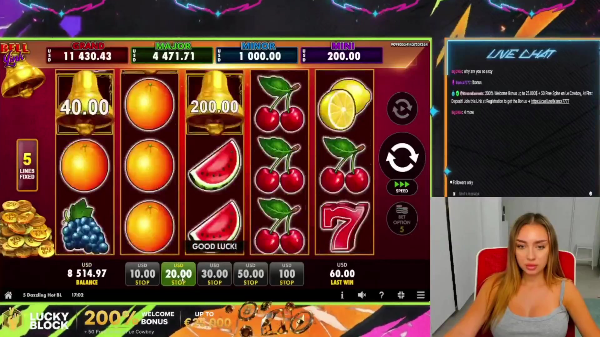 5 Dazzling Hot Bell Link: $700.00 win (35x)