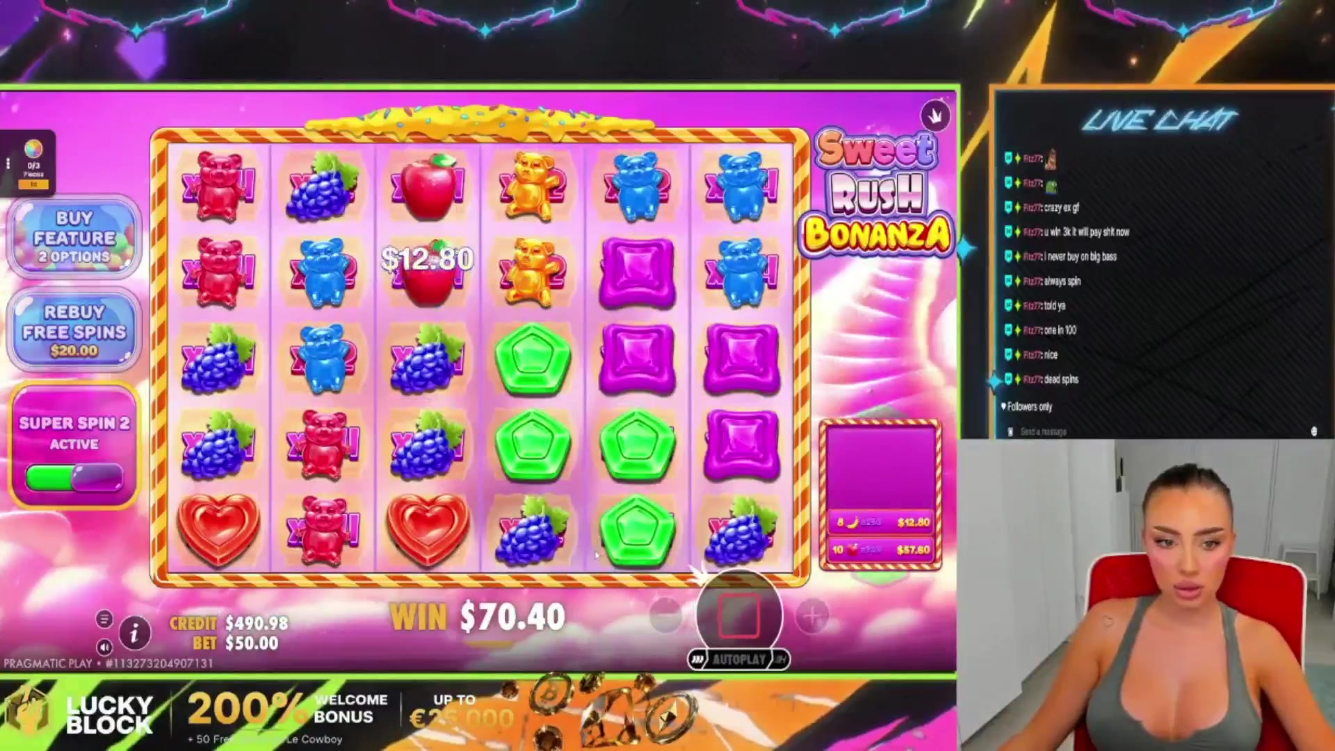 Sweet Rush Bonanza: $540.80 win (10.82x)