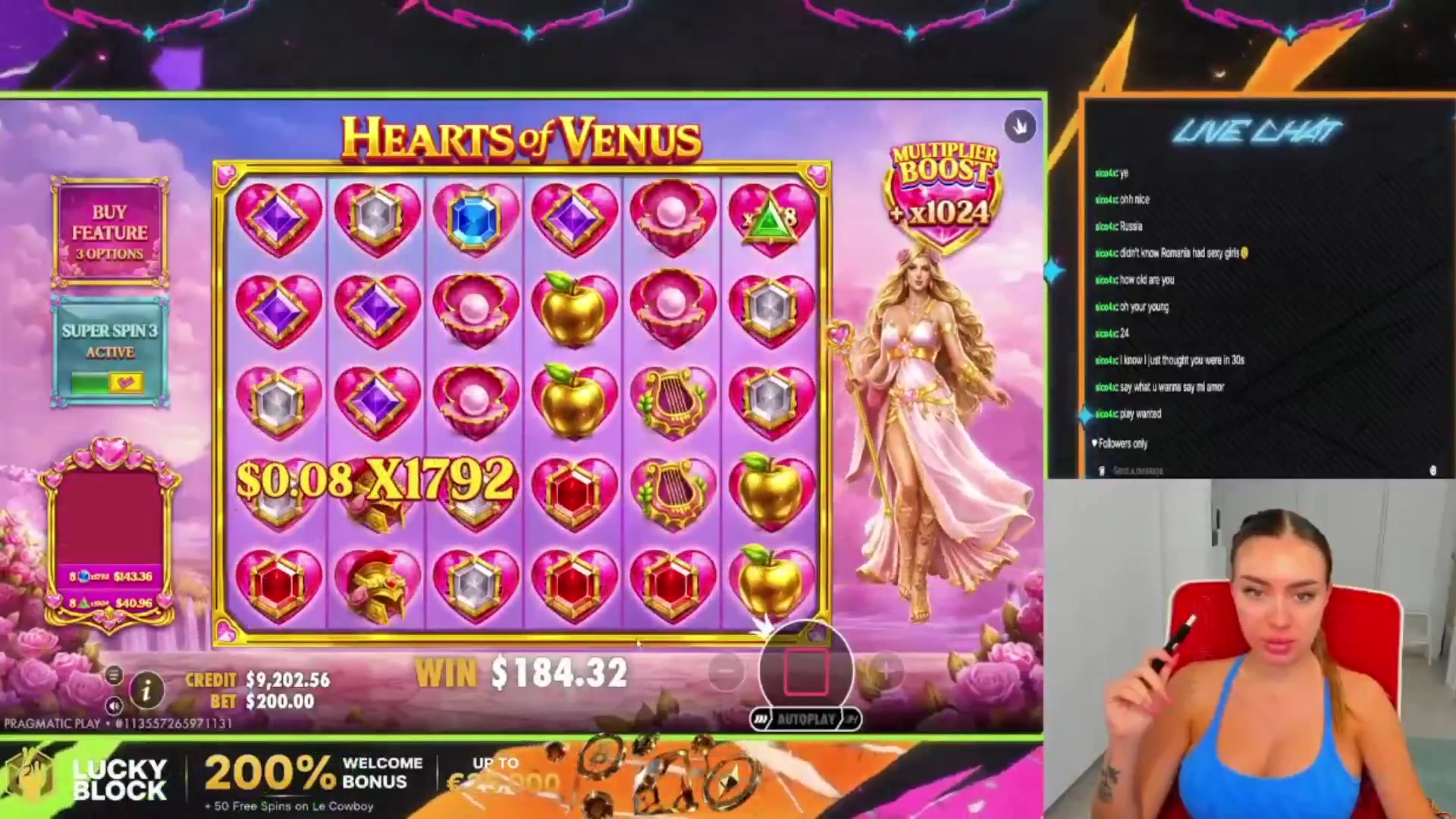 Hearts of Venus: $1,602.56 win (8.01x)