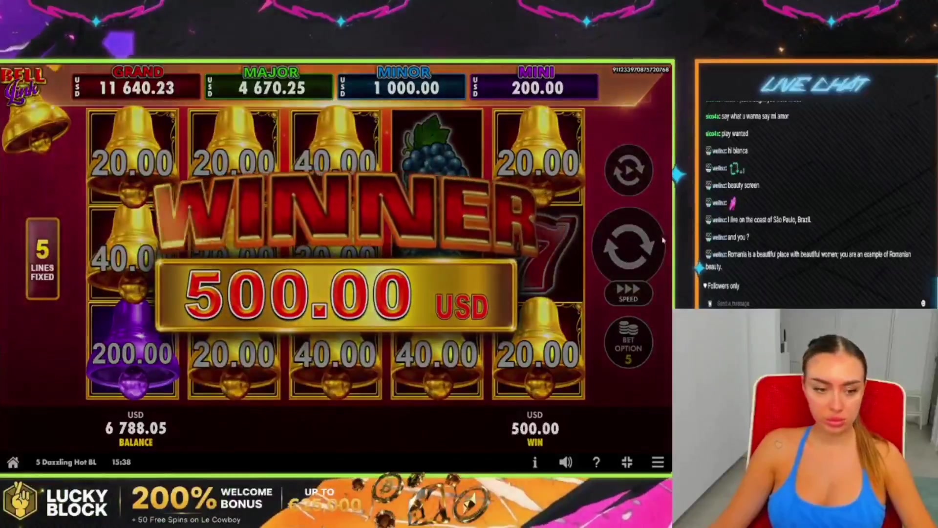 5 Dazzling Hot Bell Link: $760.00 win (38.01x)
