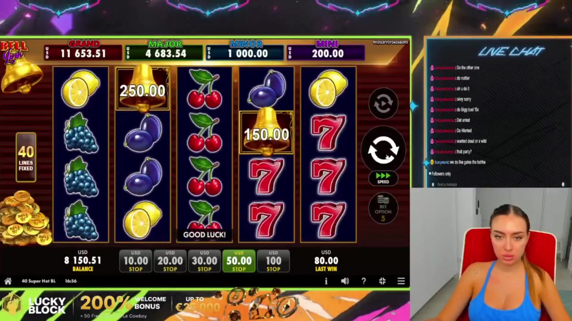 40 Super Hot Bell Link: $2,300.00 win (46.01x)