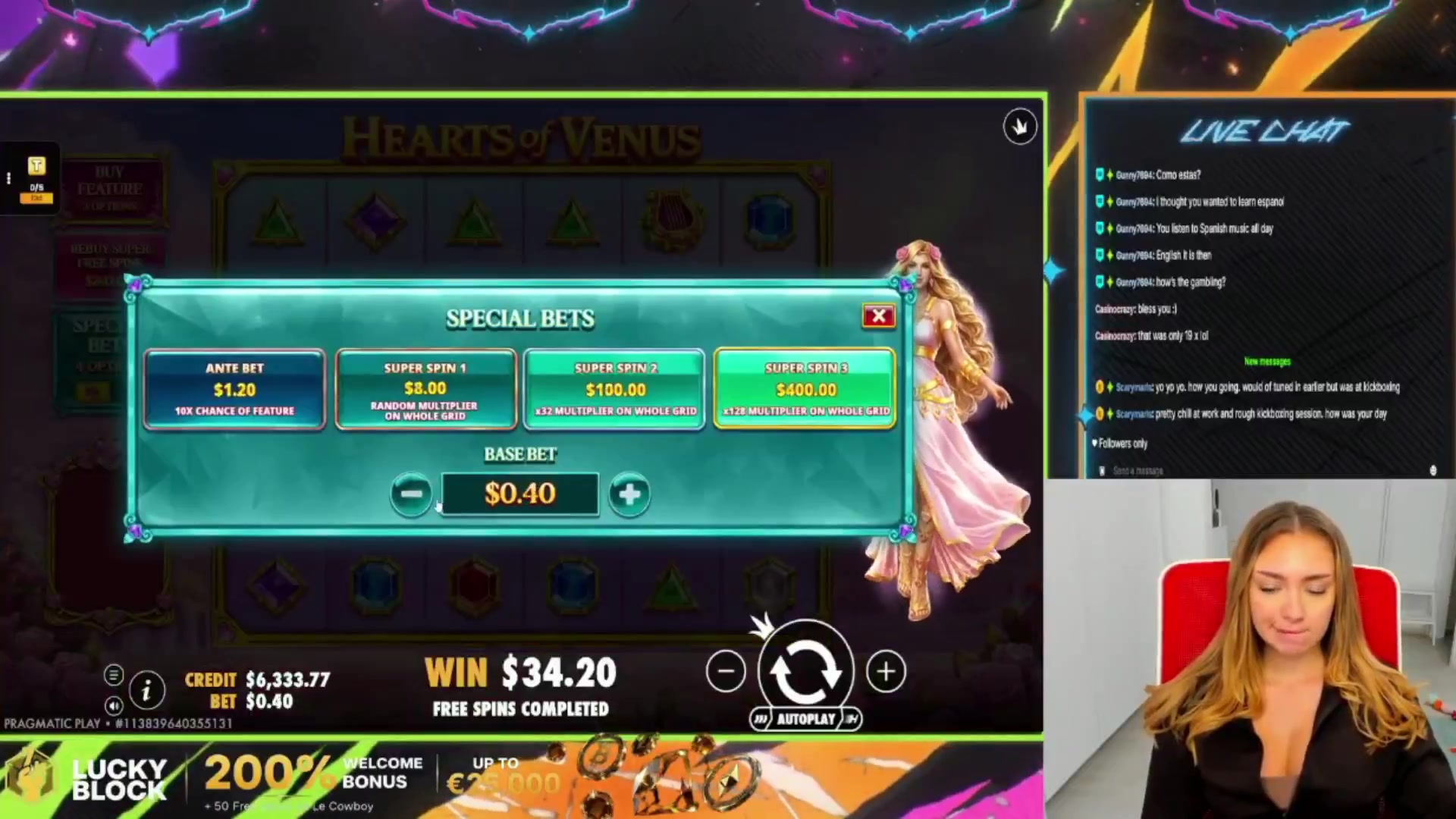 Hearts of Venus: $1,285.12 win (6.43x)