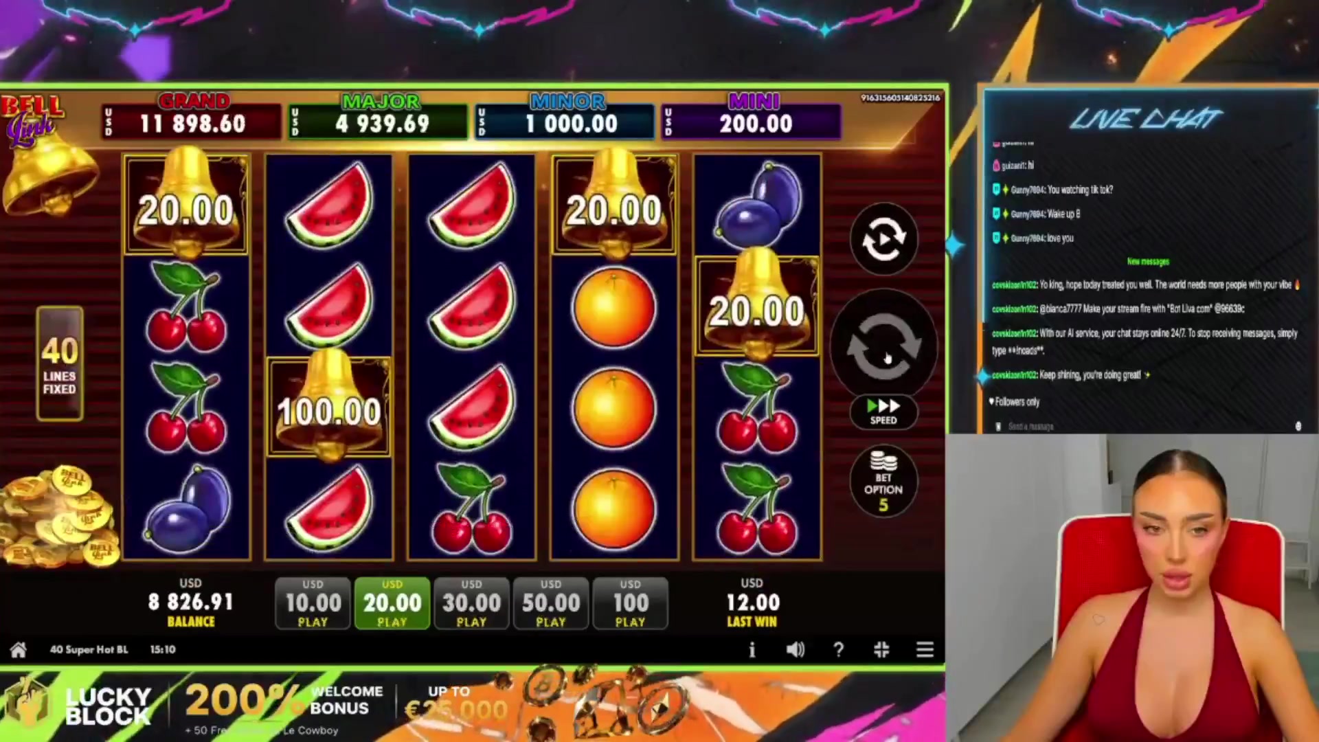 40 Super Hot Bell Link: $1,100.00 win (54.98x)