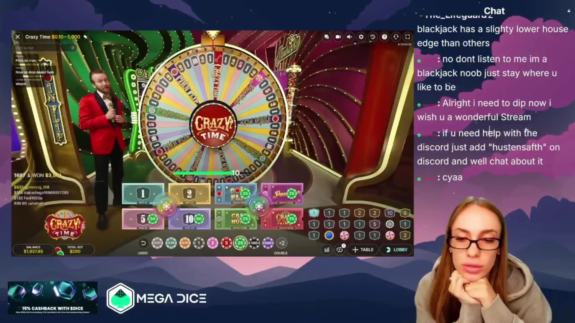 Crazy Time: $1,525.00 win (7.62x)