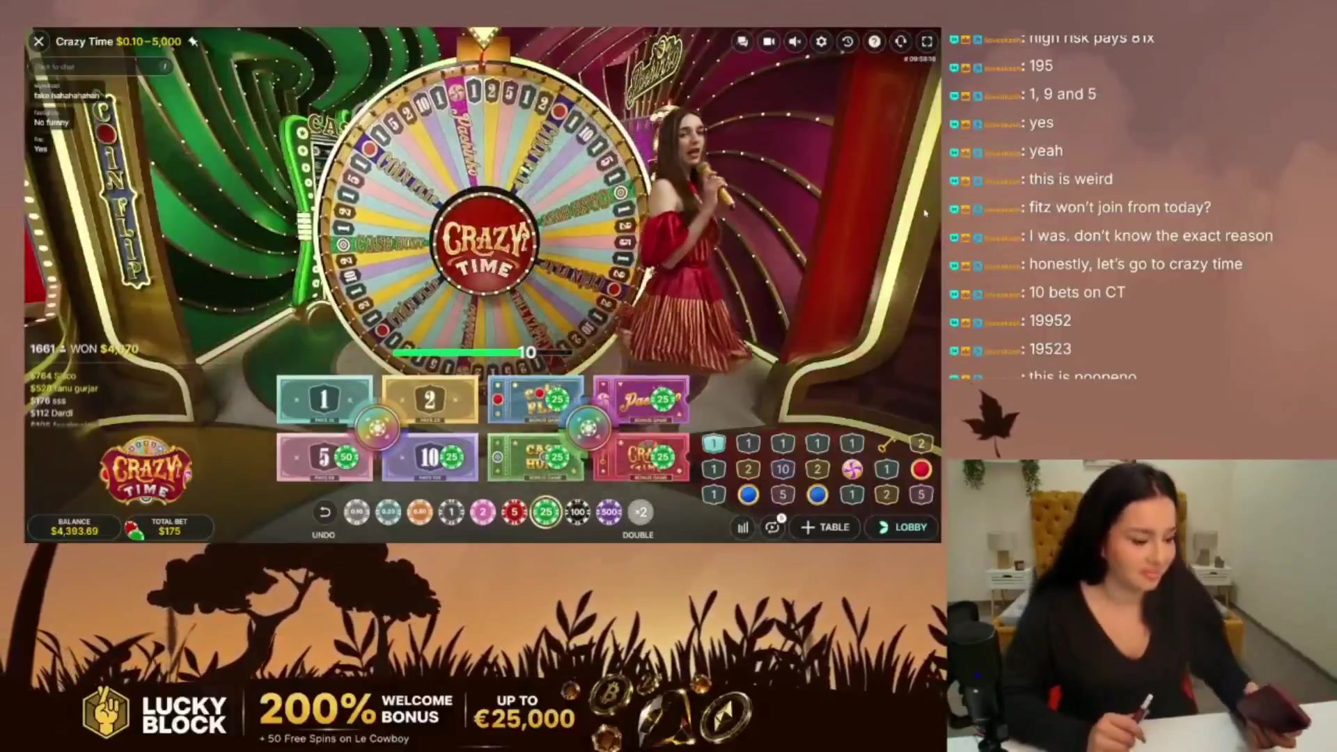 Crazy Time: $1,275.00 win (7.29x)